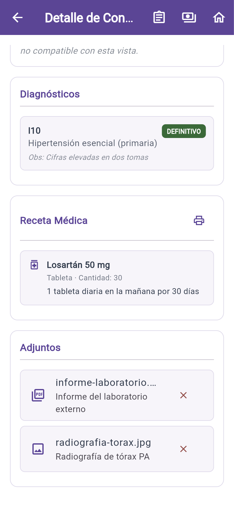 Diagnóstico, receta y archivos adjuntos