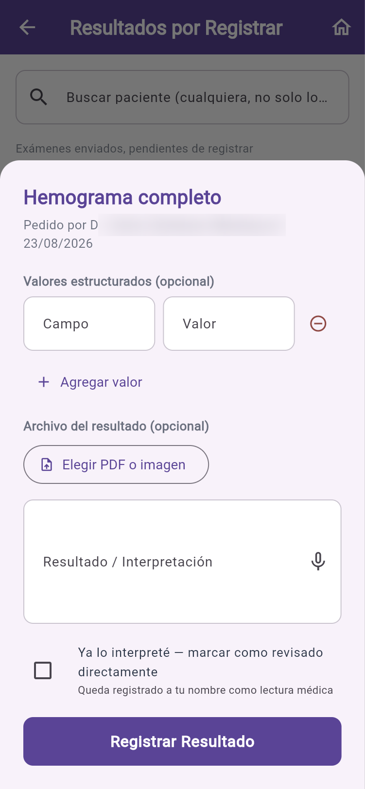 Registro del resultado con subida de archivo