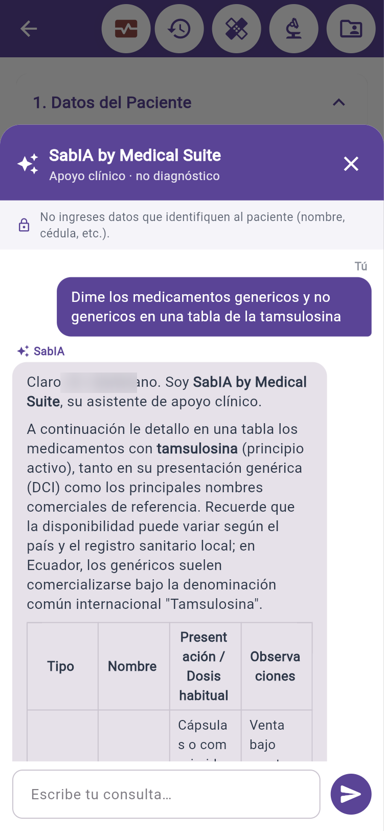 SabIA respondiendo una consulta sobre tamsulosina