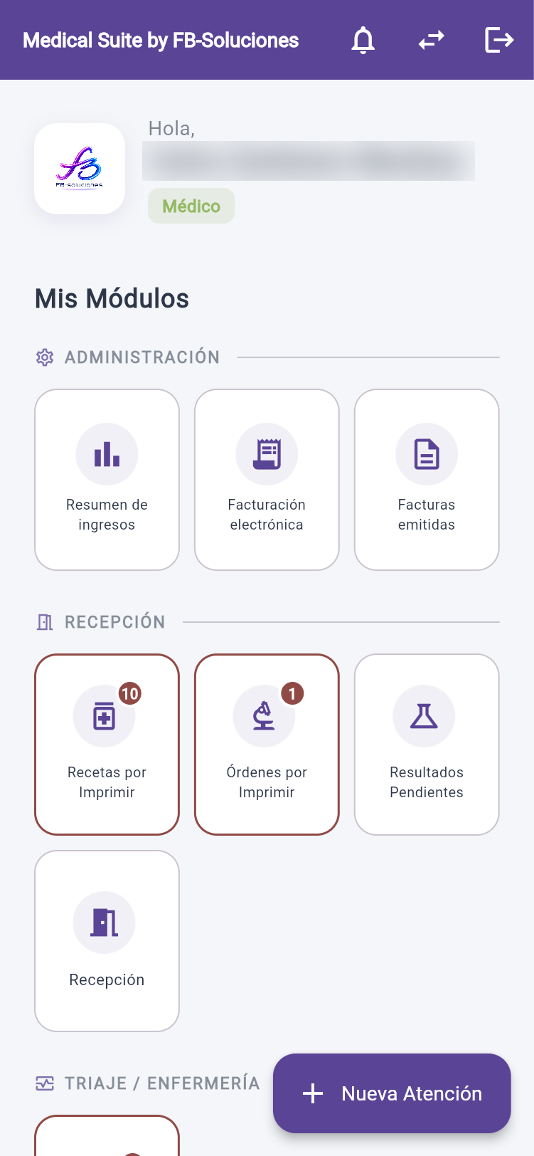 Pantalla de inicio del consultorio